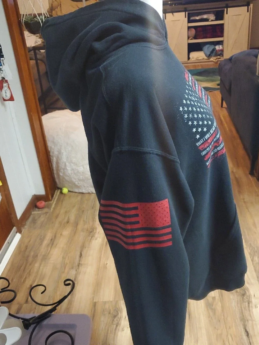 Men's Black Crewneck Hoodie with Distressed American Flag Graphic